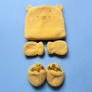 Newborn Yellow Winnie The Pooh Plush Bear Hat, Mittens & Booties Set